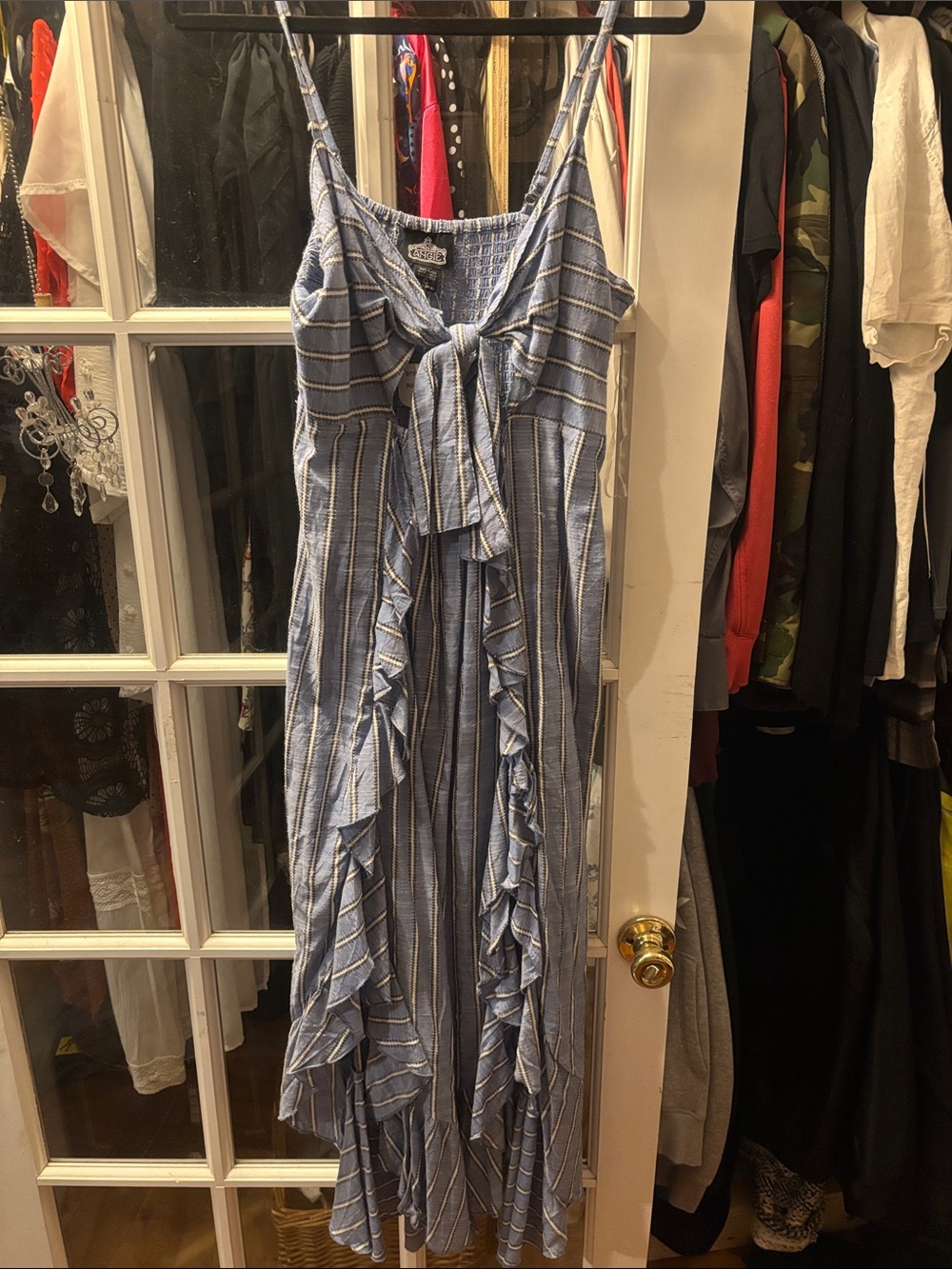 Angie Blue and White Striped Tie-Front Ruffle Maxi Dress